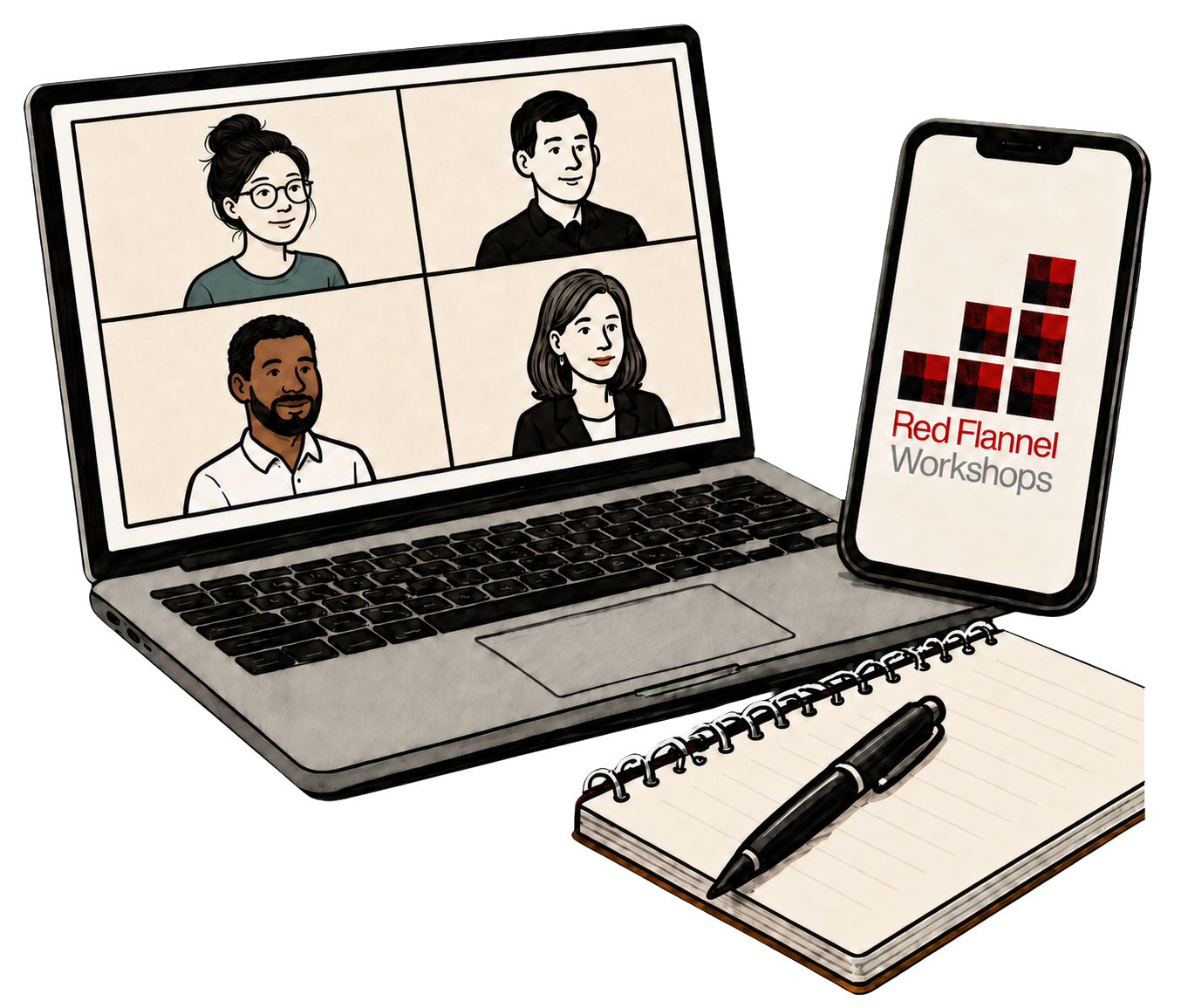 Laptop for an online workshop, phone for interactive activities, and notebook